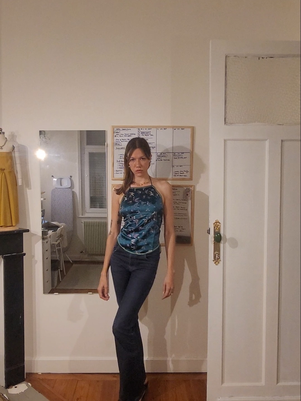 Satin Halter Tank Top in Teal Floral